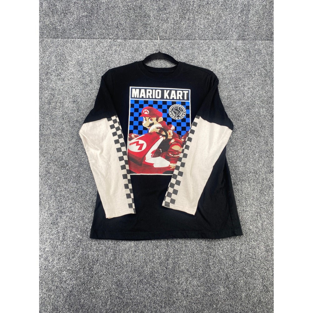 Nintendo Mario Kart Graphic T-Shirt Youth XL Black Long Sleeve Checkered Racing